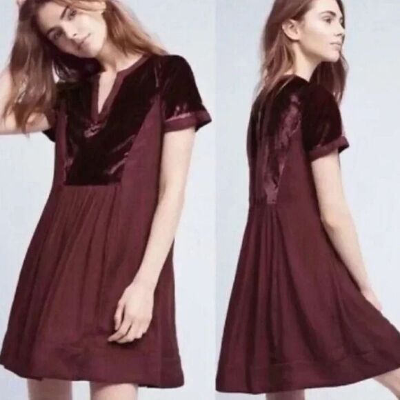 Maeve Burgundy Ingrid Tunic Style Velvet Dress. Bohemian. Artsy. Velvet. - Picture 1 of 12